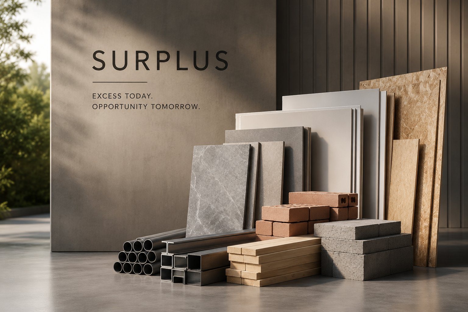 Surplus building materials — tile, brick, lumber, concrete block and board — with the line: Excess today. Opportunity tomorrow.